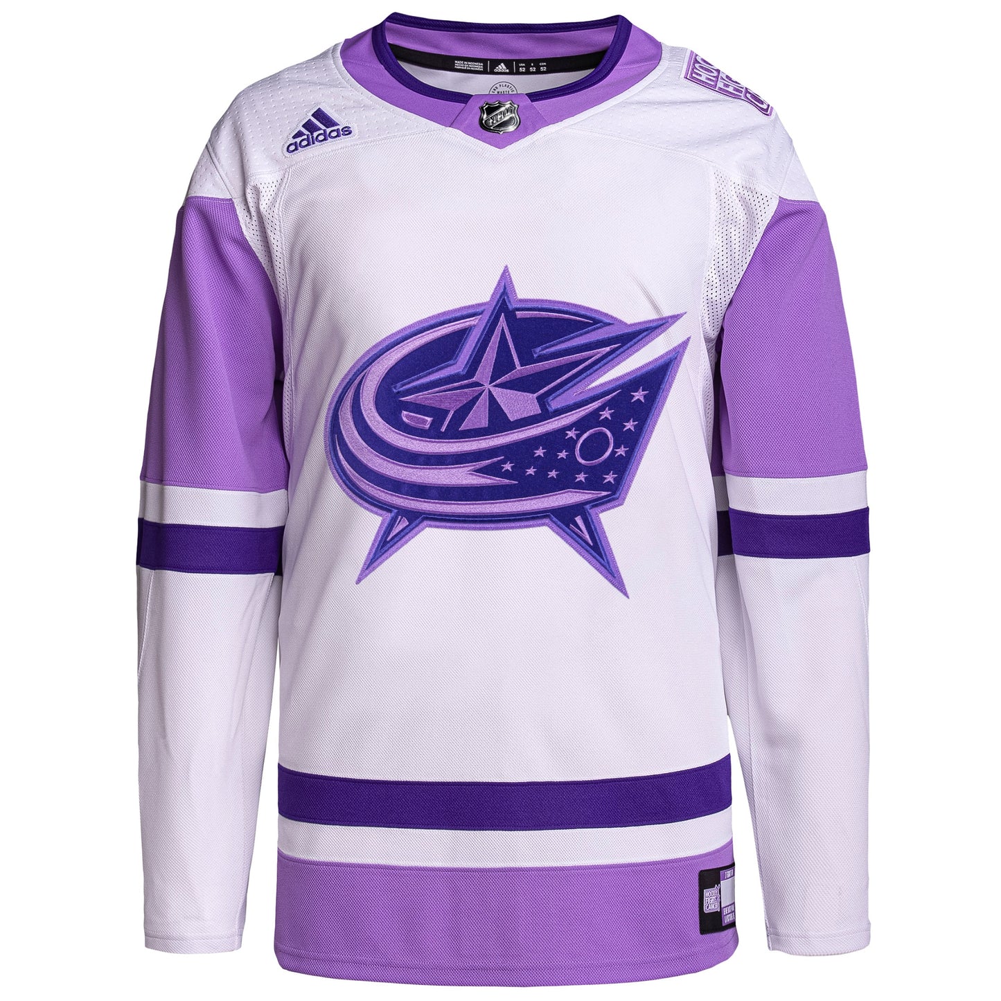 Columbus Blue Jackets adidas Hockey Fights Cancer Primegreen Authentic Blank Practice Jersey - White/Purple